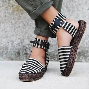 FREE PEOPLE Black Linen Striped Aurora Espadrille Ankle Strap Shoes 9.5-10 (40)